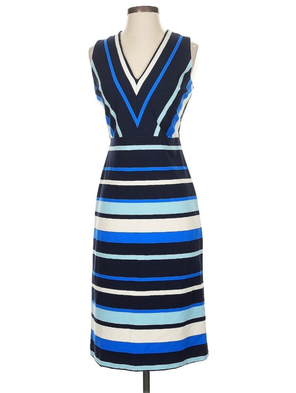 Banana Republic Navy, Cobalt & Light Blue Striped V-Neck Midi Dress, Sz 4